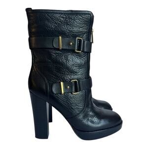 Coach Lianne Black Leather Platform Heeled Fur Lined Boots Size 8.5B